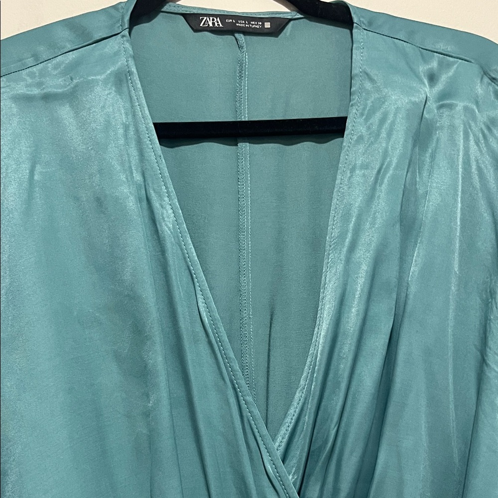 Zara Teal Satin Wrap Dress with Front Tie - Picture 5 of 7